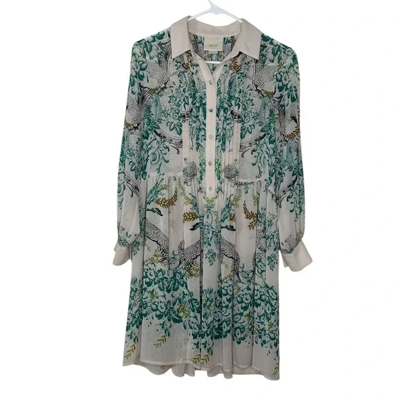 Maeve Anthropologie Shirt Dress 0 Cream Leopard Botanical Pintuck Ria Jungle - Picture 2 of 9